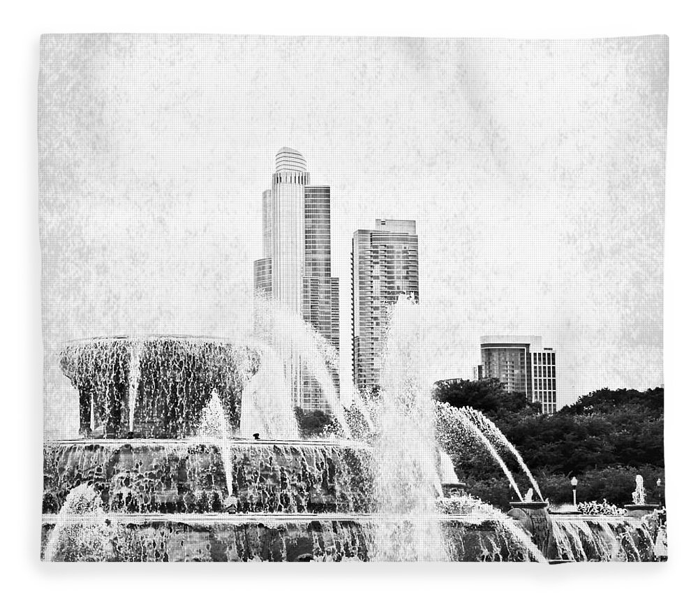 Buckingham Fountain Fleece Blanket featuring the digital art Buckingham Fountain BW Vintage by Mary Pille