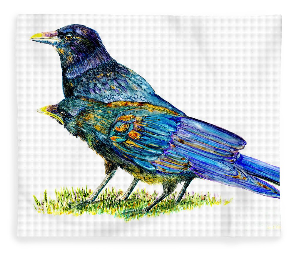 Crows Fleece Blanket featuring the painting Buddies by Jan Killian