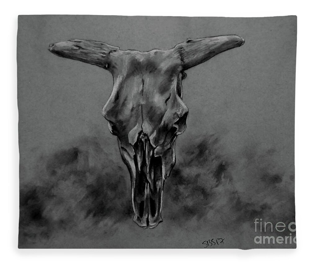  Fleece Blanket featuring the drawing Bull Skull Study by Samantha Strong
