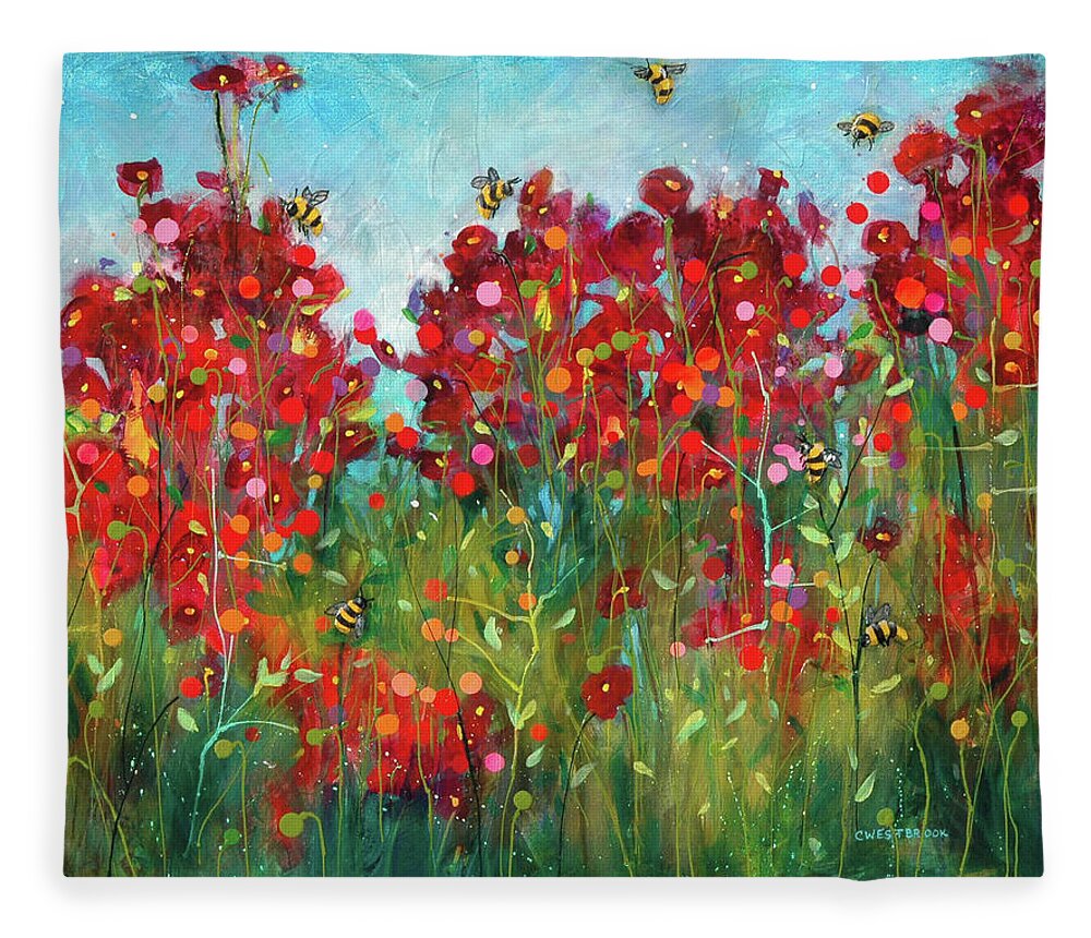 Artwork Fleece Blanket featuring the painting Bumblebees and Poppies by Cynthia Westbrook