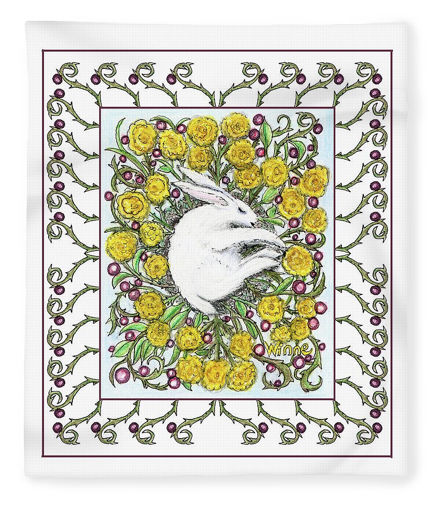 Lise Winne Fleece Blanket featuring the mixed media Bunny Nest of Yellow Roses and Blueberries by Lise Winne