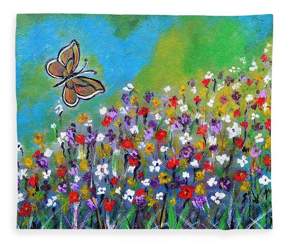 Butterfly Fleece Blanket featuring the painting Butterfly Meadow by Manjiri Kanvinde