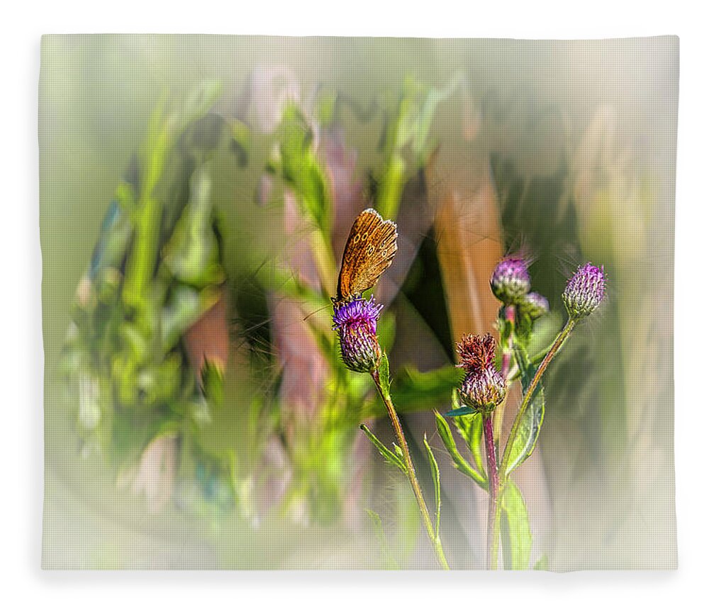 Butterfly On Thistle Bloom Fleece Blanket featuring the photograph Butterfly on thistle bloom @h7 by Leif Sohlman