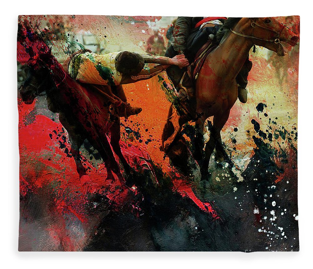 Buzkashi Fleece Blanket featuring the painting Buzkashi Fight by Gull G