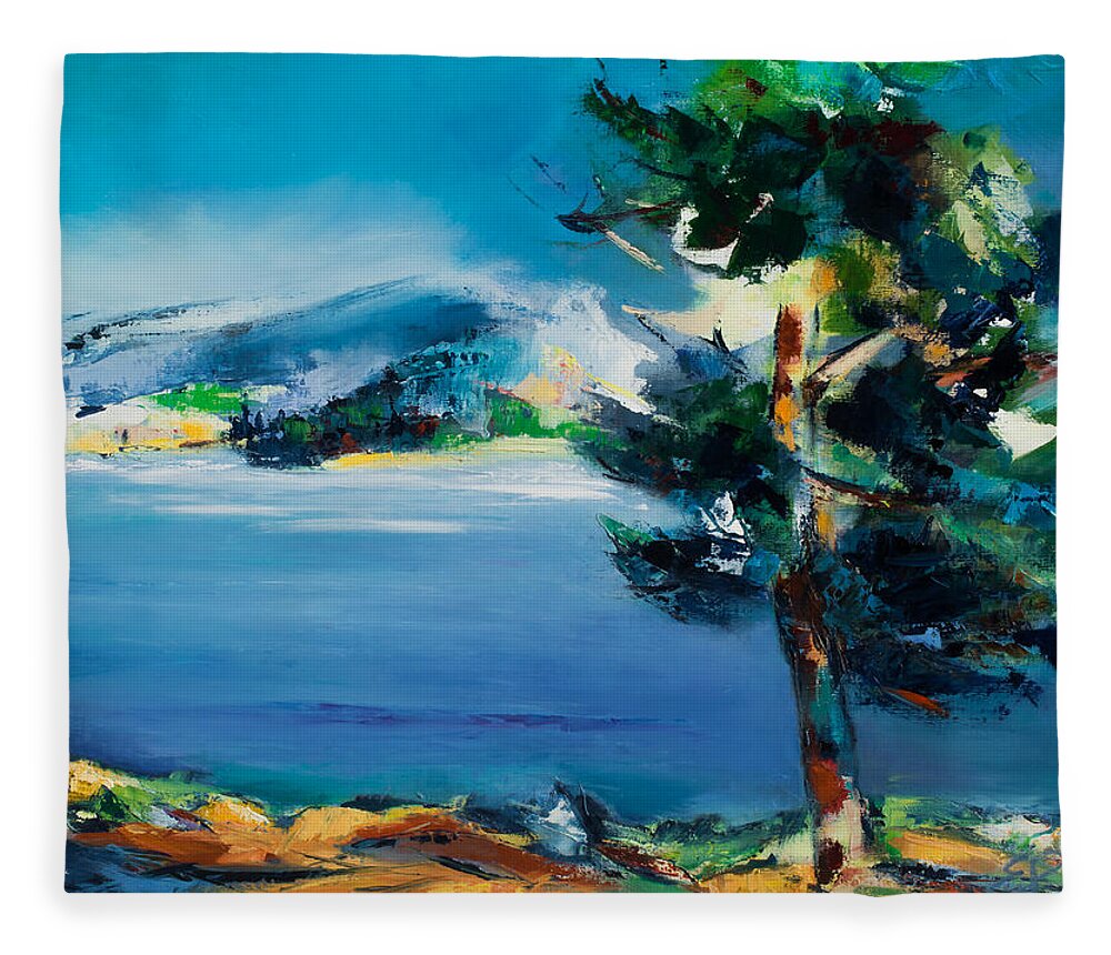 Landscape Fleece Blanket featuring the painting By the Lake by Elise Palmigiani