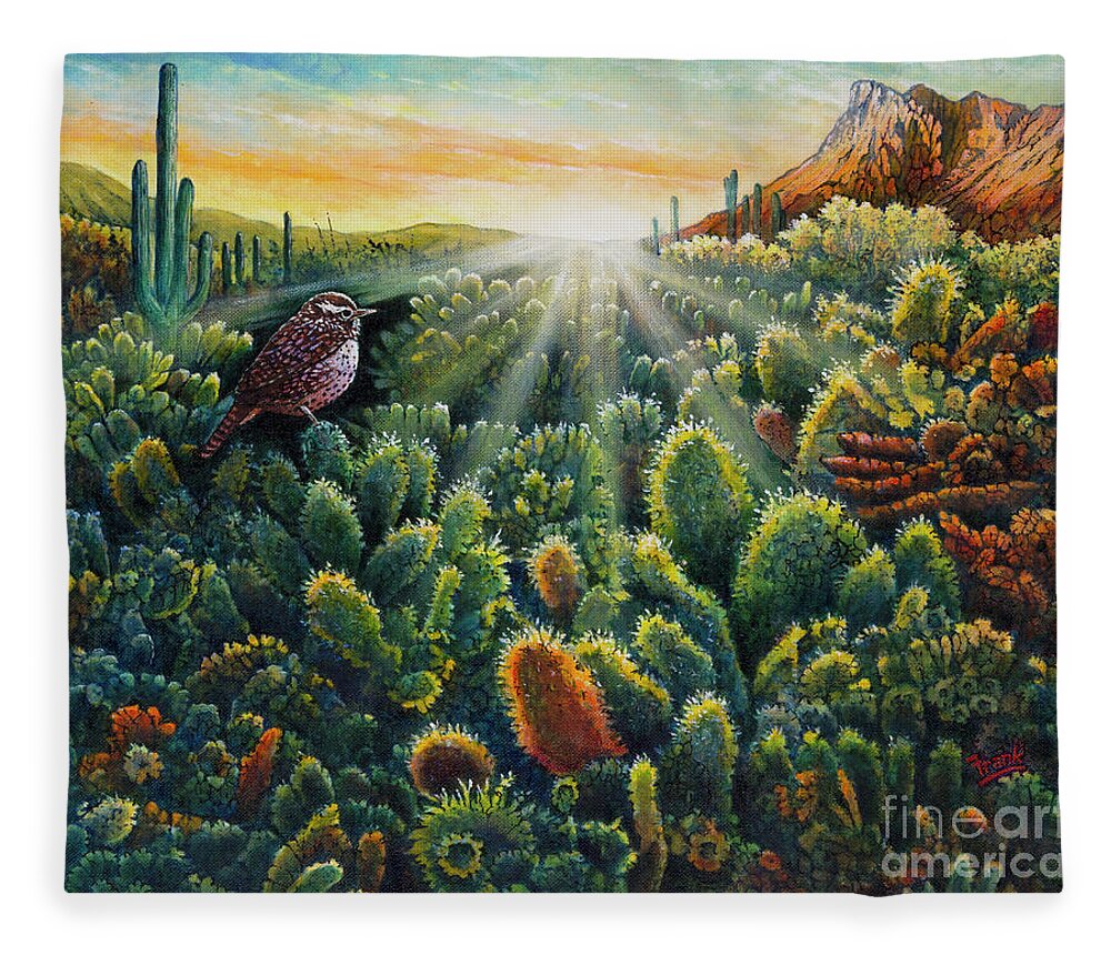 Cactus Wren Fleece Blanket featuring the painting Cactus Wren by Michael Frank