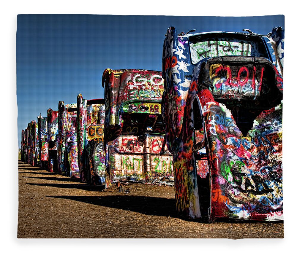 Amarillo Fleece Blanket featuring the photograph Cadillac Ranch by Lana Trussell