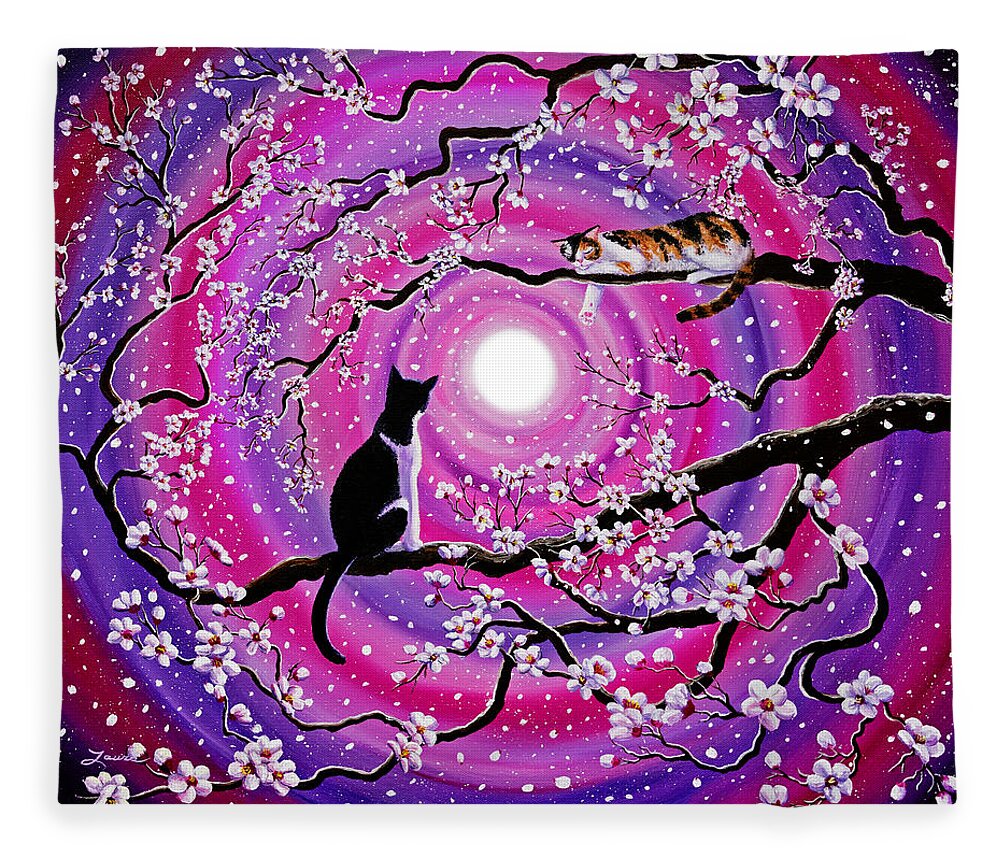 Cat Fleece Blanket featuring the painting Calico and Tuxedo Cats in Swirling Sakura by Laura Iverson