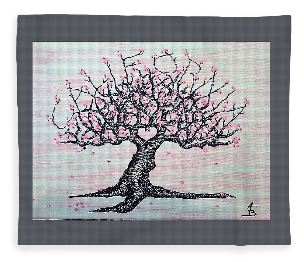 California Fleece Blanket featuring the drawing California Cherry Blossom Love Tree by Aaron Bombalicki