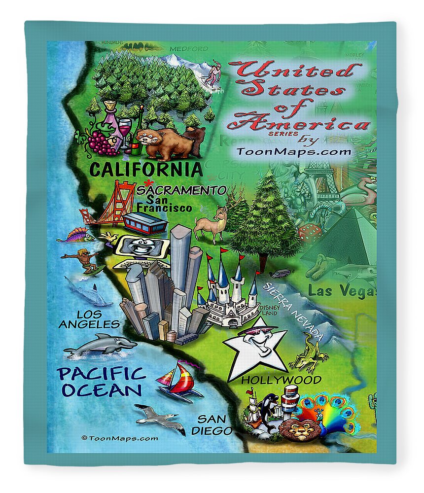 California Fleece Blanket featuring the digital art California Fun Map by Kevin Middleton