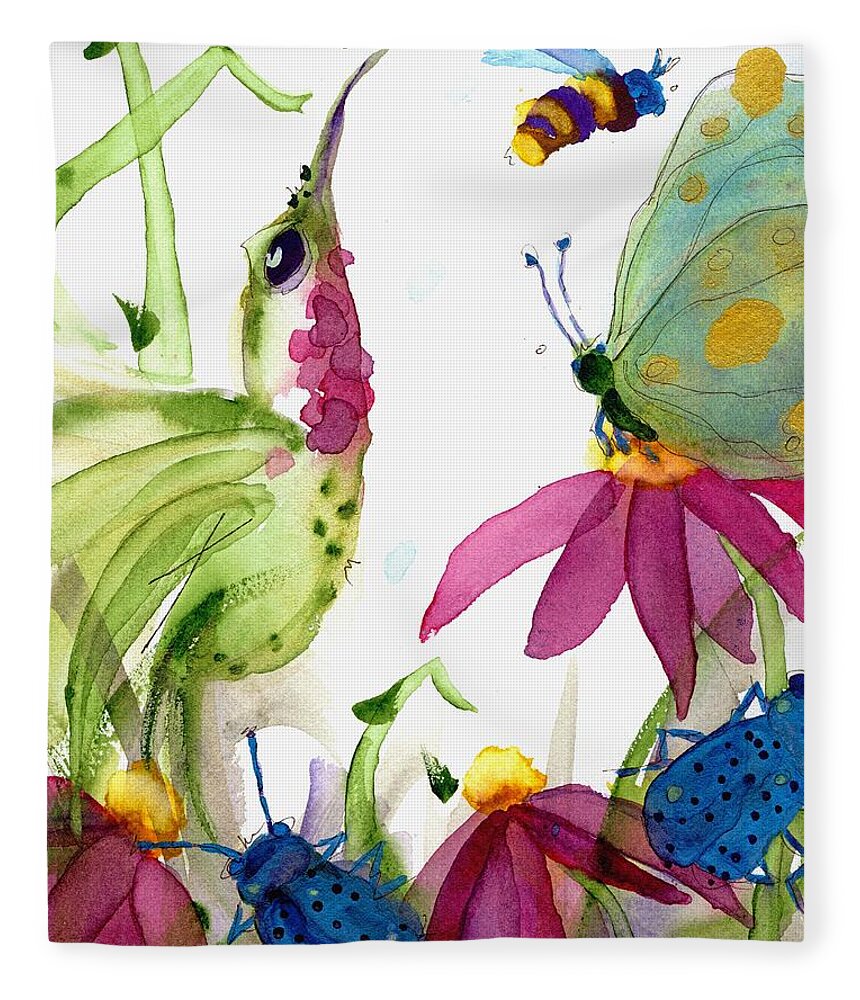 Hummingbird Fleece Blanket featuring the painting Calliope and Coneflowers by Dawn Derman