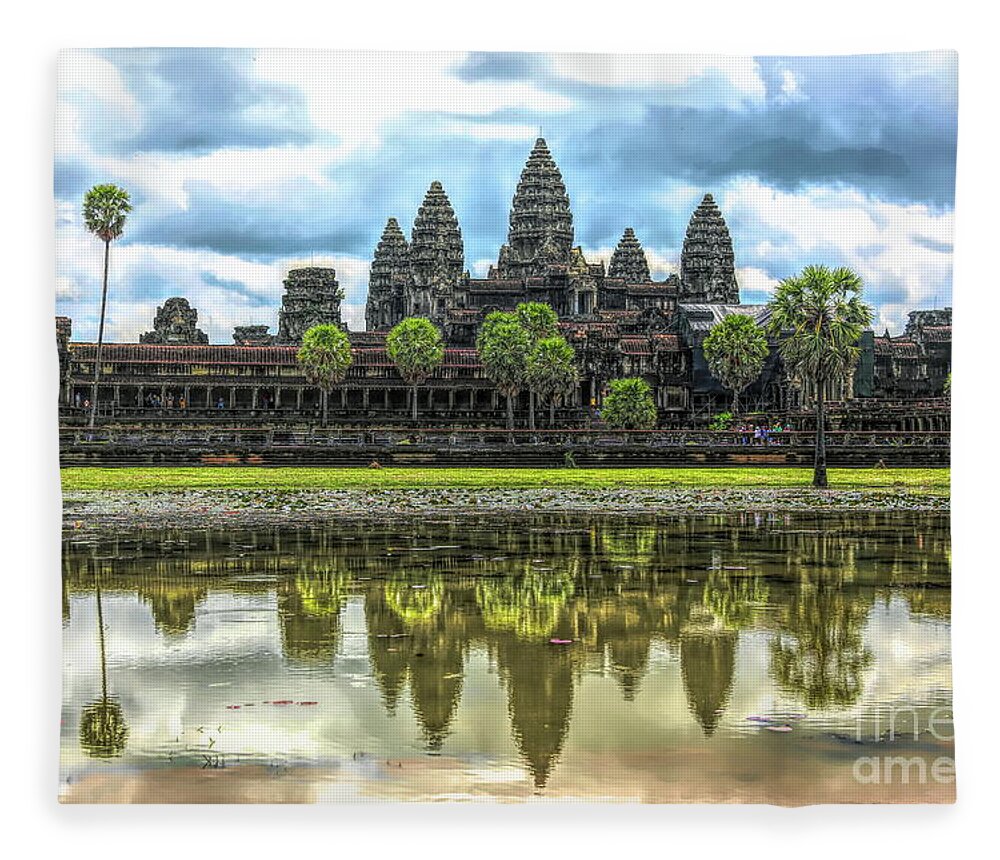 Angkor Wat Fleece Blanket featuring the digital art Cambodia Panorama Angkor Wat Reflections by Chuck Kuhn