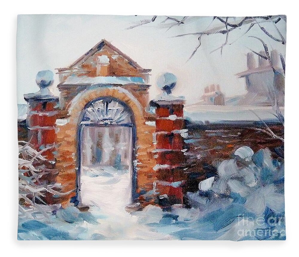 Landscpe Fleece Blanket featuring the painting Cambridge in Snow by K M Pawelec