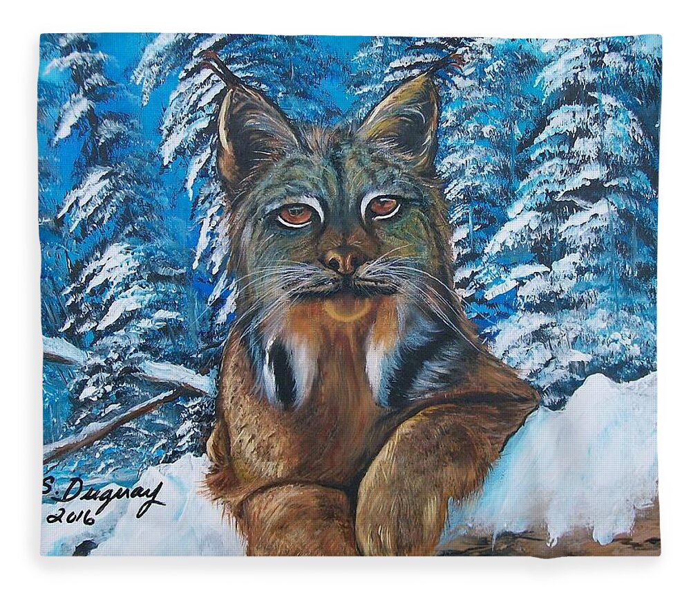 Orange Fleece Blanket featuring the painting Canadian Lynx by Sharon Duguay