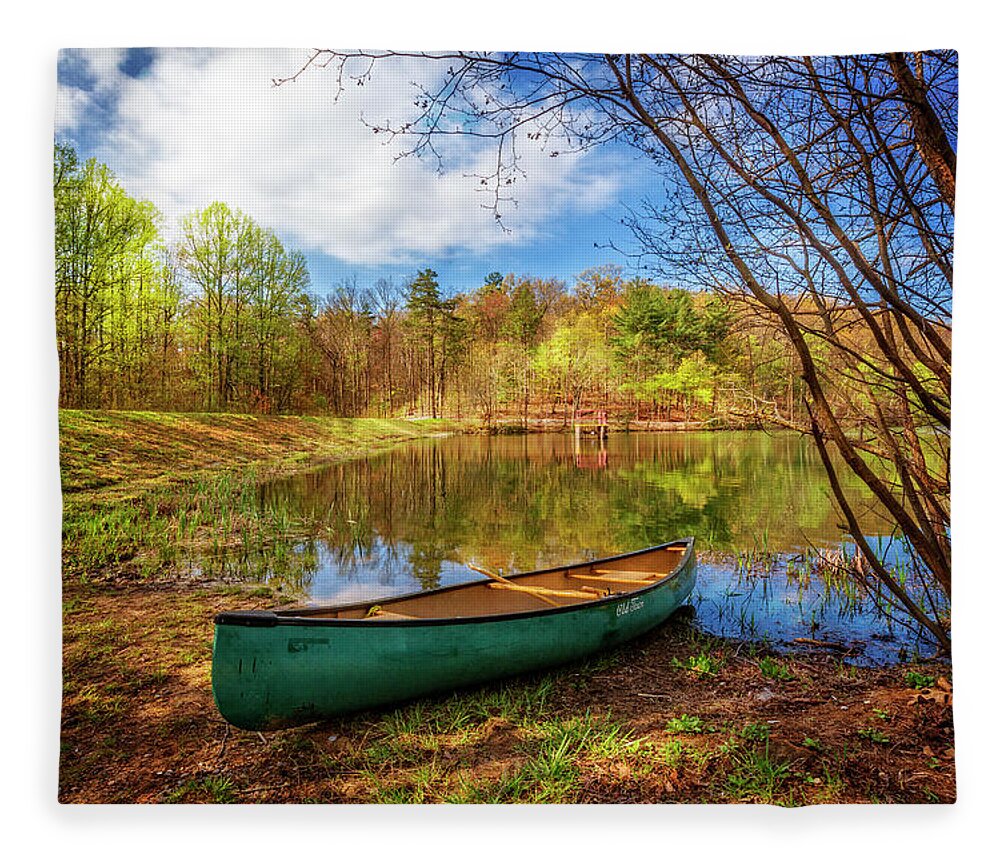 Appalachia Fleece Blanket featuring the photograph Canoe at Lakeside by Debra and Dave Vanderlaan
