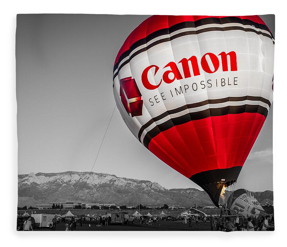Albuquerque Fleece Blanket featuring the photograph Canon - See Impossible - Hot Air Balloon - Selective Color by Ron Pate