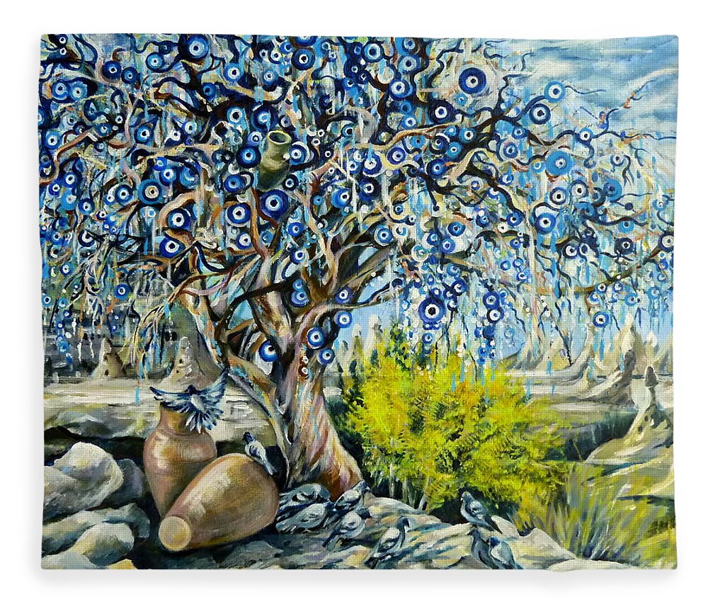 Travel Impressions Fleece Blanket featuring the painting Cappadocia Nazar Tree by Anna Duyunova