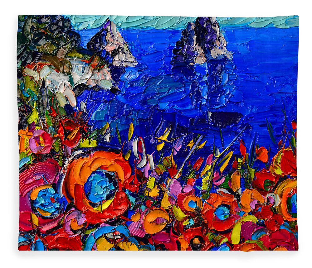 Capri Fleece Blanket featuring the painting Capri Faraglioni Italy Colors Modern Impressionist Palette Knife Oil Painting By Ana Maria Edulescu by Ana Maria Edulescu
