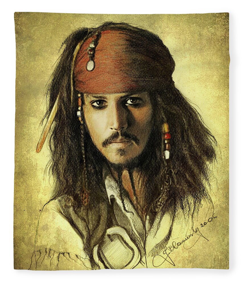 Face Fleece Blanket featuring the drawing Captain Jack Sparrow by Jaroslaw Blaminsky