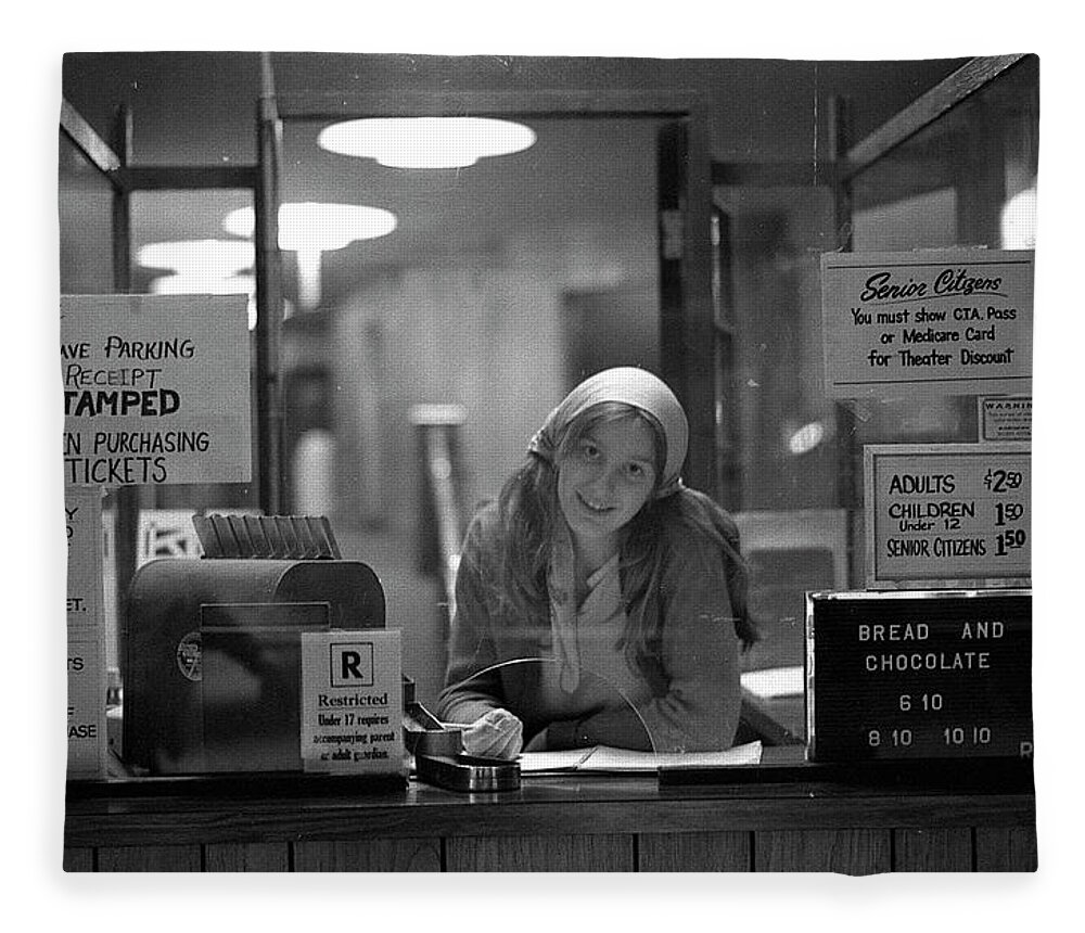 Devon Theatre Fleece Blanket featuring the photograph Cashier, Devon Theatre, 1979 by Jeremy Butler