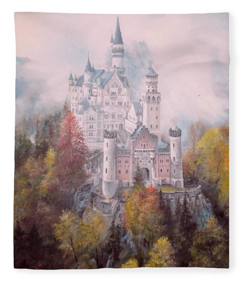 Neuschwanstein Fleece Blanket featuring the painting Castle in the Clouds by Sorin Apostolescu
