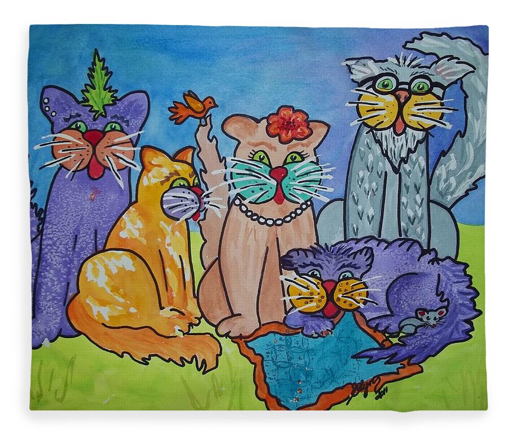 Cats Fleece Blanket featuring the painting Cat Family Gathering by Ellen Levinson
