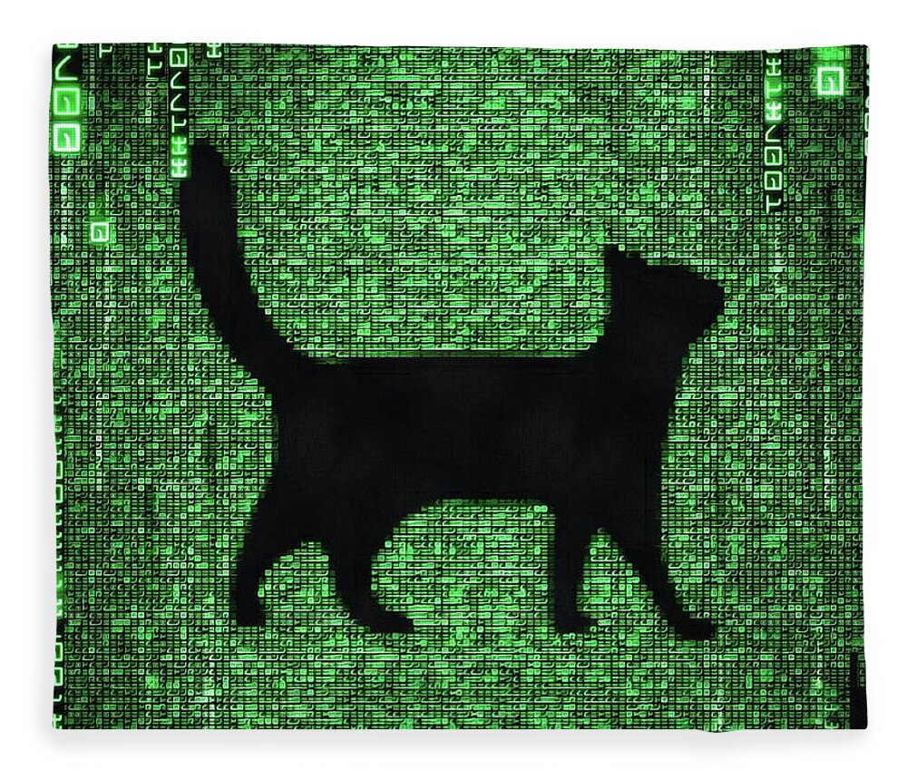 Cat Fleece Blanket featuring the digital art Cat in the Matrix black and green by Matthias Hauser