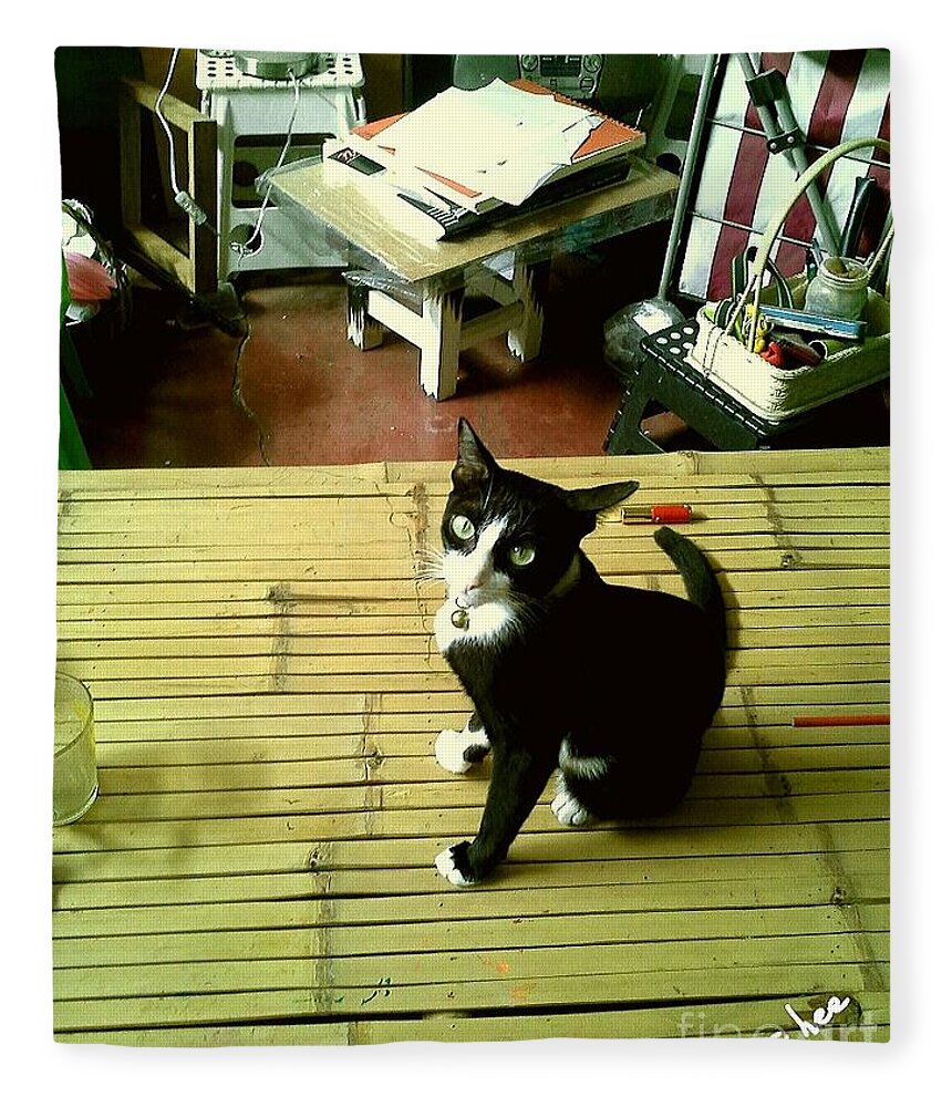 Cat Fleece Blanket featuring the photograph Cat on A Bamboo Litter by Sukalya Chearanantana