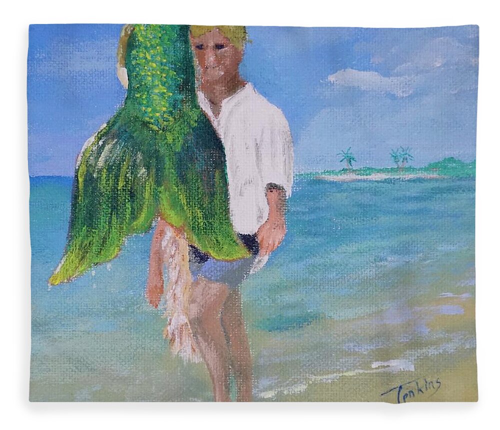 Mermaid Fleece Blanket featuring the painting Catch of a Lifetime by Mike Jenkins
