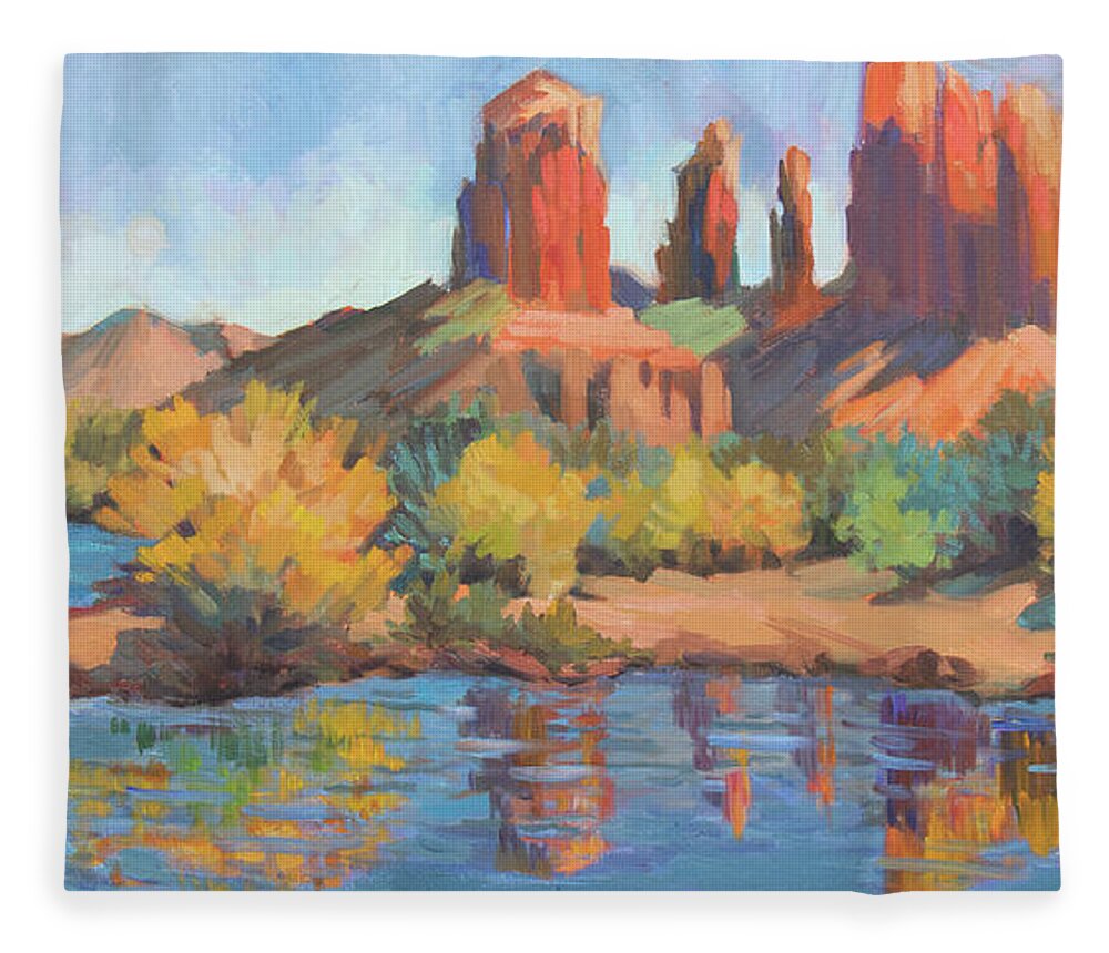 Cathedral Rock Fleece Blanket featuring the painting Moonrise Cathedral Rock Sedona by Diane McClary