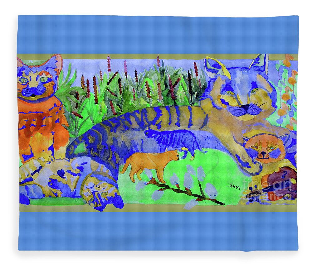 Cats Fleece Blanket featuring the painting Cats and a Fiddle by Sandy McIntire