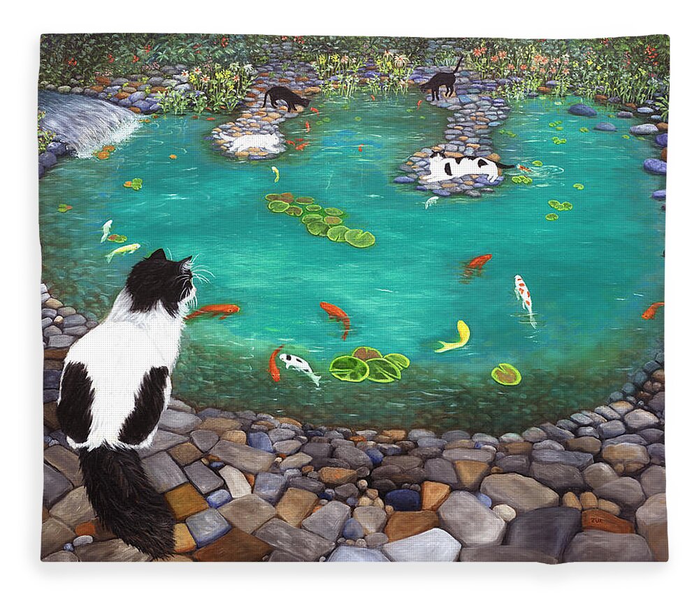 Karen Zuk Rosenblatt Fleece Blanket featuring the painting Cats and Koi by Karen Zuk Rosenblatt