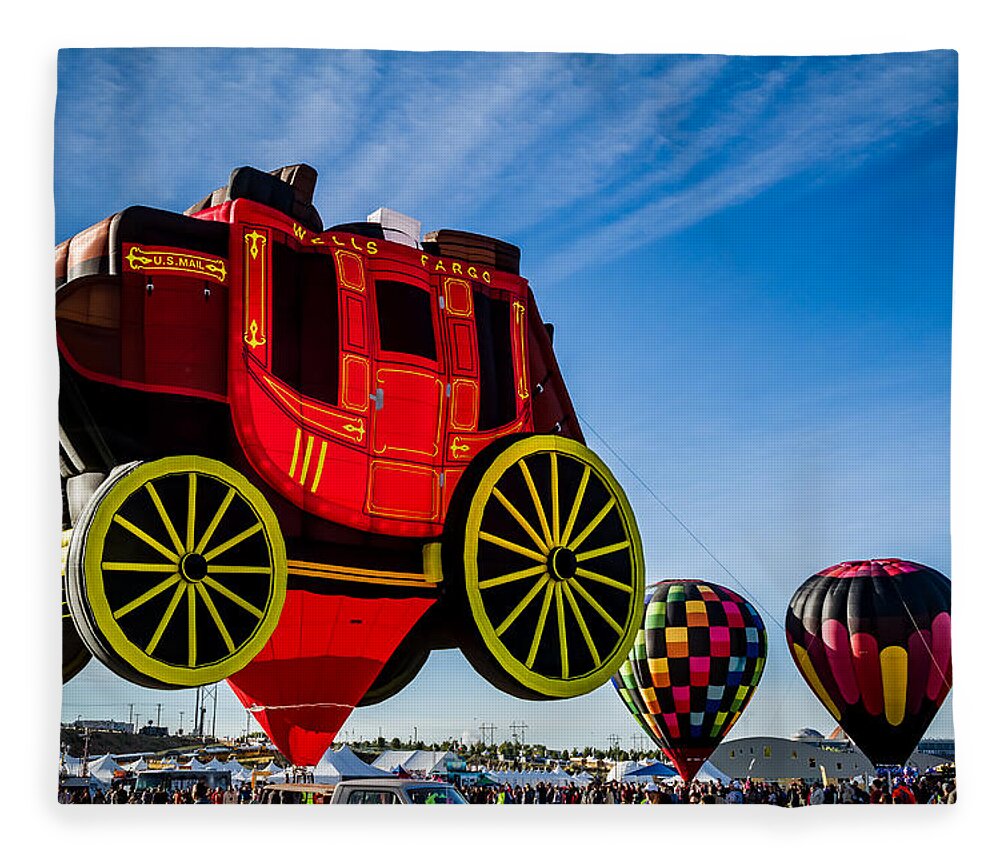 Albuquerque Fleece Blanket featuring the photograph Cent'r Stage - The Wells Fargo Stagecoach Hot Air Balloon by Ron Pate
