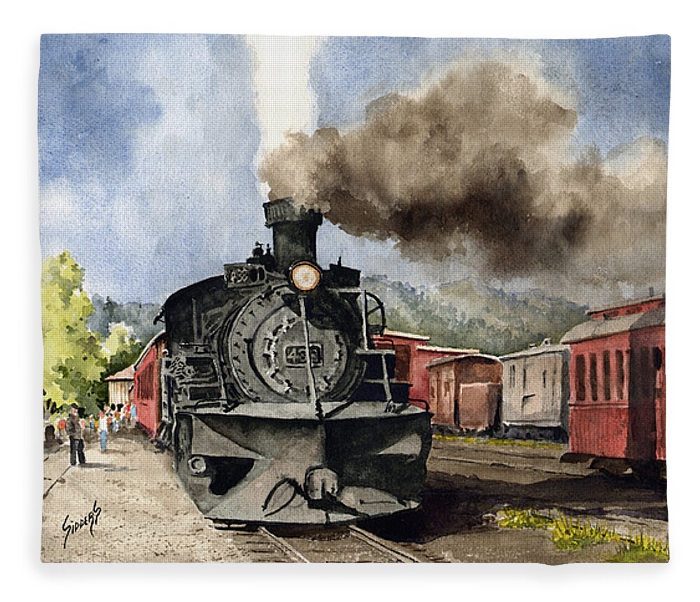 Train Fleece Blanket featuring the painting Chama Arrival by Sam Sidders