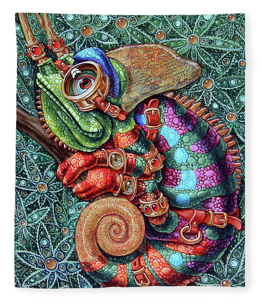 Steampunk Fleece Blanket featuring the painting Chameleon by Victor Molev