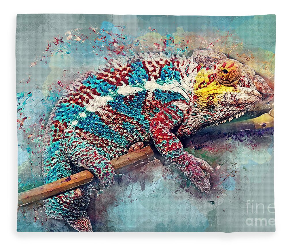 Chameleon Fleece Blanket featuring the painting Chameleon watercolor art by Justyna Jaszke JBJart