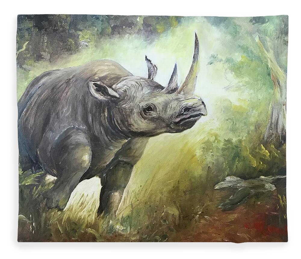 Rhino Fleece Blanket featuring the painting Charging Rhino by ML McCormick