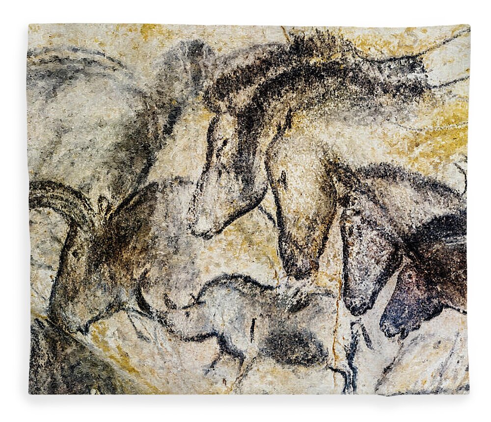 Chauvet Horse Fleece Blanket featuring the photograph Chauvet Horses Aurochs and Rhinoceros by Weston Westmoreland