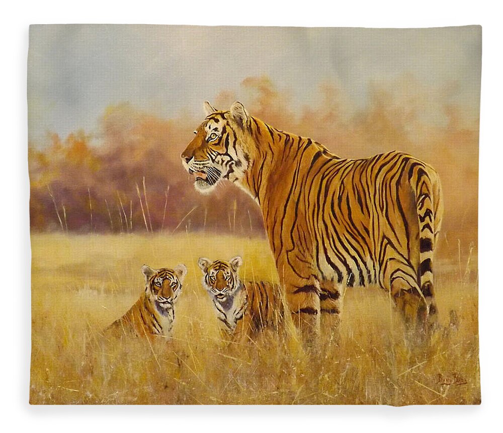 Wildlife . Endangered. Tiger. Tiger Cubs Fleece Blanket featuring the painting Checking How the Land Lies by Barry BLAKE