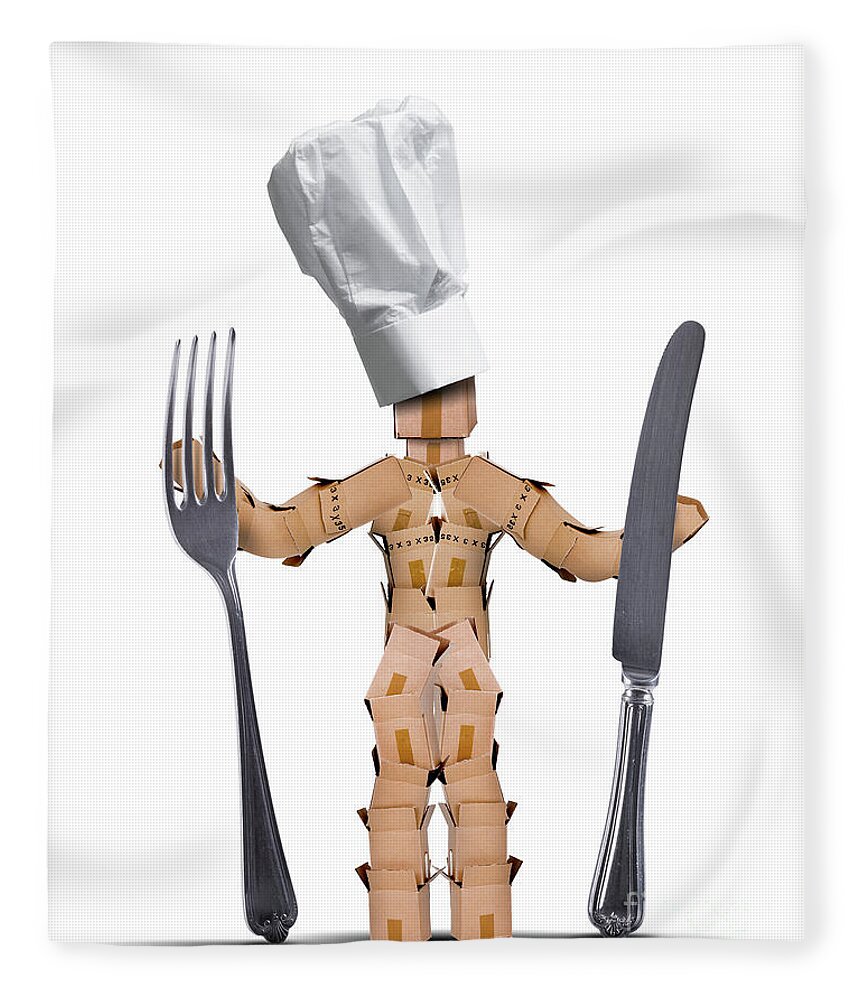 Kitchen Fleece Blanket featuring the digital art Chef box man Character with cutlery by Simon Bratt