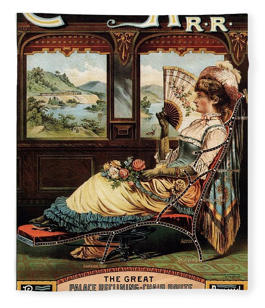 Chicago Fleece Blanket featuring the mixed media Chicago and Alton Railroad - Woman Sitting on Reclining Chair - Vintage Advertising Poster by Studio Grafiikka