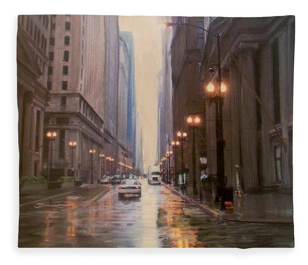 Chicago Fleece Blanket featuring the painting Chicago Rainy Street by Anita Burgermeister