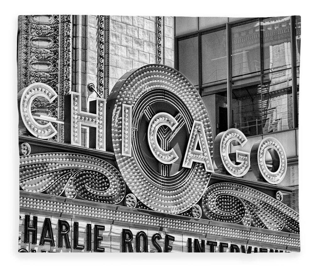 Chicago Fleece Blanket featuring the photograph Chicago Theatre Marquee Black and White by Christopher Arndt