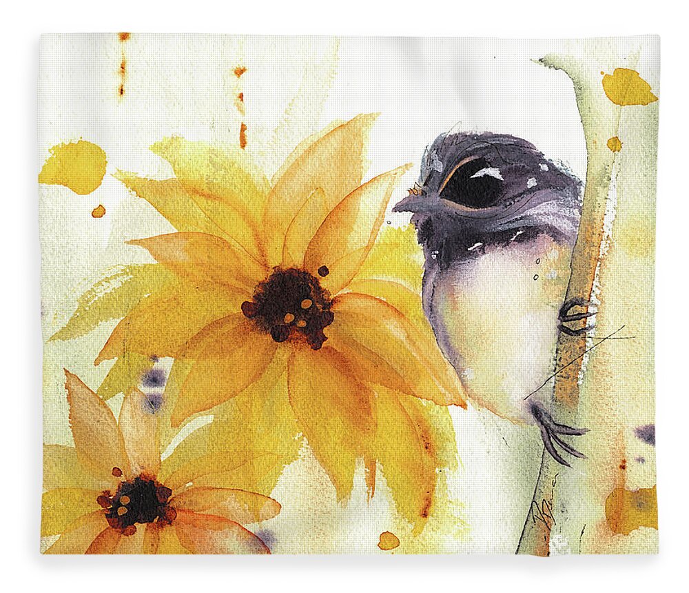 Watercolor Fleece Blanket featuring the painting Chickadee and Sunflowers by Dawn Derman