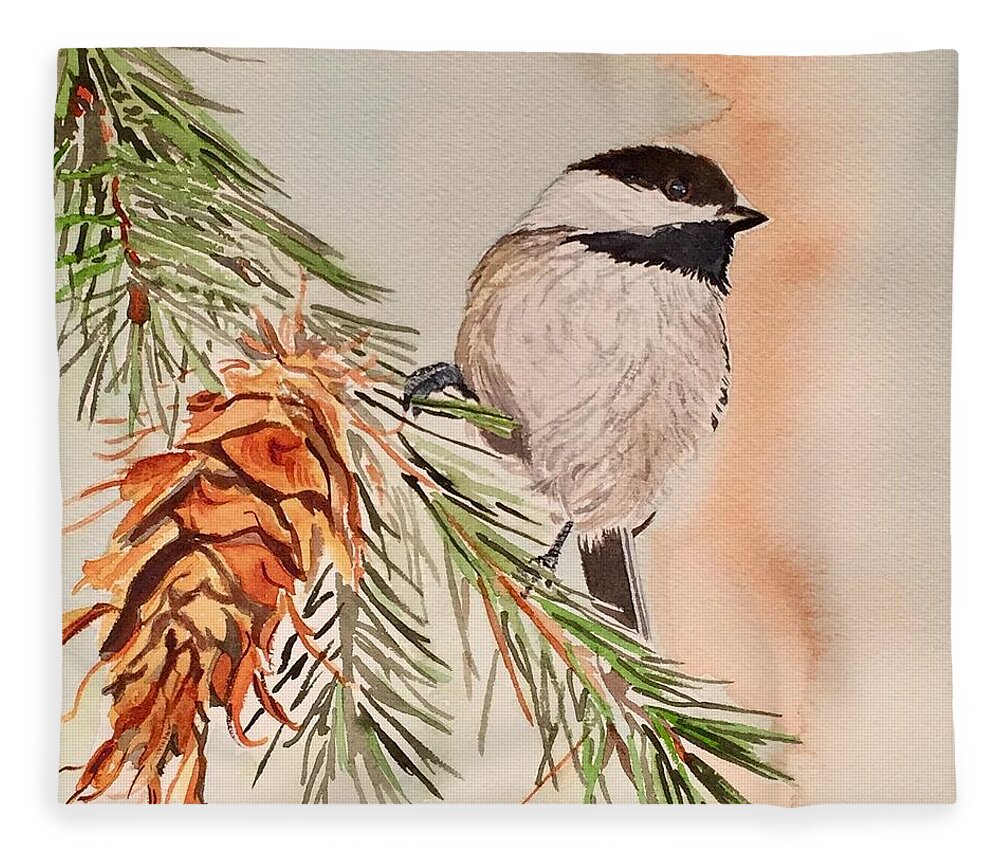 Chickadee Fleece Blanket featuring the painting Chickadee in the Pine by Sonja Jones
