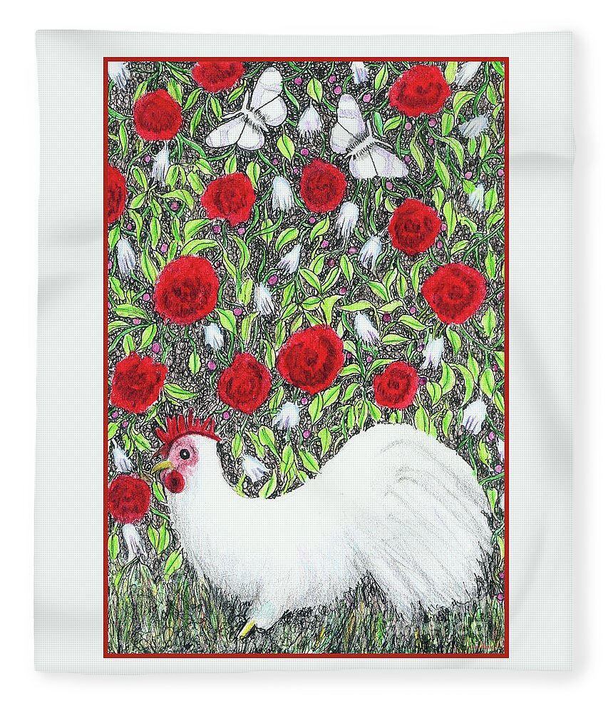 Lise Winne Fleece Blanket featuring the painting Chicken and Butterflies in the Flowers by Lise Winne