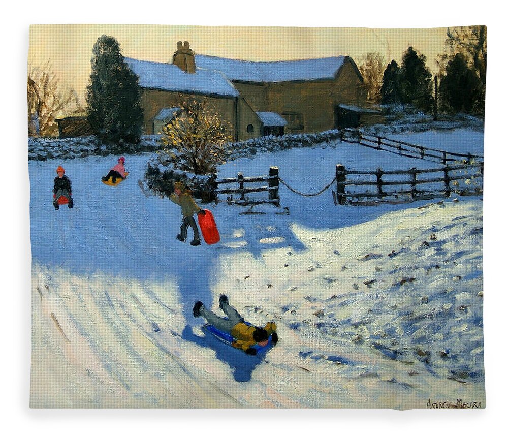 Sledging Fleece Blanket featuring the painting Children Sledging by Andrew Macara