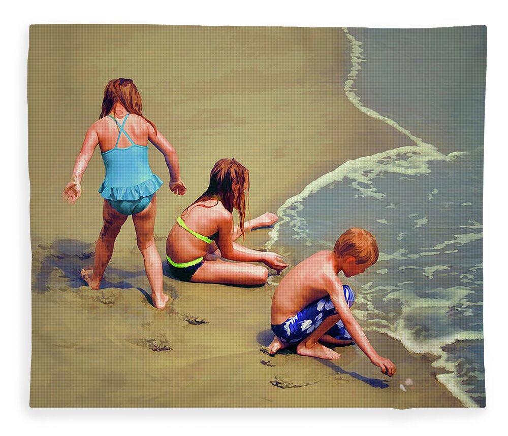 Childrens Shell Hunting At The Beach Fleece Blanket featuring the photograph Childrens Shell Hunting At The Beach by Sandi OReilly
