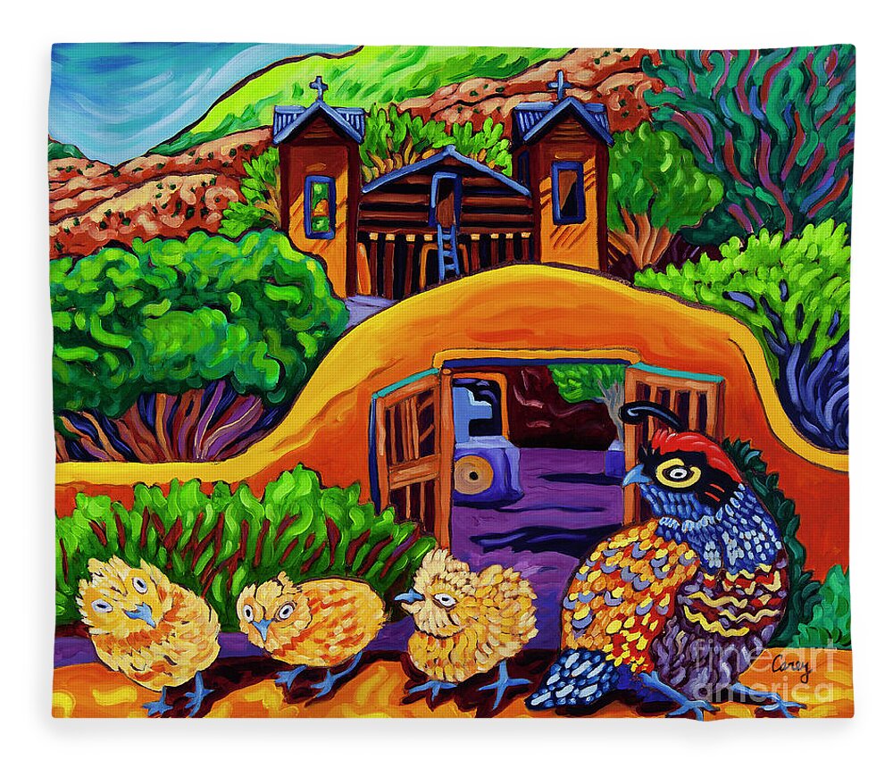 Quail Fleece Blanket featuring the painting Chimayo Quail by Cathy Carey