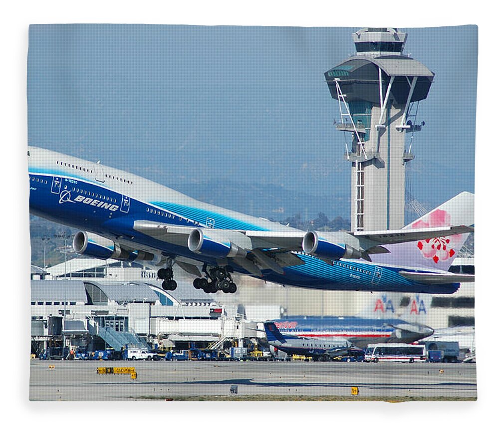 Airplane Fleece Blanket featuring the photograph China Airlines Boeing 747 Dreamliner LAX by Brian Lockett